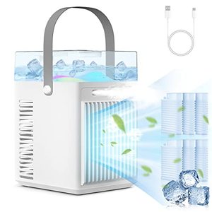 lot 1293 image: Portable Air Conditioner Fan, USB Rechargeable AC, 3 Speeds Adjustable Personal Small Cooling 4IN1 Desk Mini Fan with Humidifier &LED Light Retail $61.65