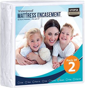 lot 1298 image: Utopia Bedding Zippered Mattress Encasement Queen - 100% Waterproof and Bed Bug Proof Mattress Protector - Absorbent, Six-Sided Mattress Cover (Pack of 2) Retail $52.94
