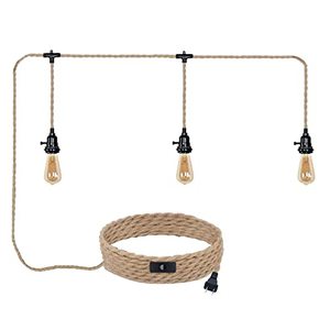 lot 1303 image: 3 Light Plug in Pendant Lights Cord Hanging Lamp Kit with Switch 22 Ft Long Hemp Rope Farmhouse Pndant Light Cord Lighting Fixture Kits DIY Hanging Light Retail $24.99