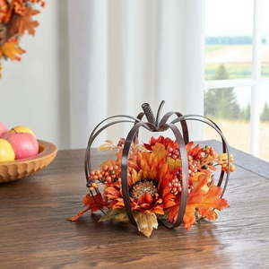 lot 1324 image: Way to Celebrate Harvest Gold Pumpkin Frame Floral Tabletop Decoration 9in Retail $12.88