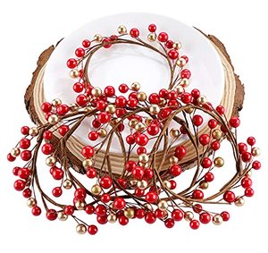 lot 1348 image: Christmas Candle Rings for Pillars, Fall Votive Candle Holder Rings 3 Inch Red and Gold Pip Berry, Set of 5 Retail $13.17