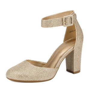 lot 1355 image: Dream Pairs Women s Ankle Strap Close Toe Chunky High Heel Pump Dress Shoes Angela GoldGlitter Size 8 Retail $42.99