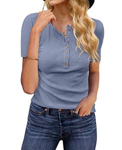 lot 1362 image: JINKESI Womens Casual V Neck Short Sleeve Henley Tops Button Ribbed Knit Blouse Blue Gray-Large Retail $20.14