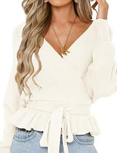 lot 1367 image: ZESICA Womens 2023 Fall Wrap V Neck Long Batwing Sleeve Belted Waist Ruffle Knitted Sweater Pullover Top,Ivory,Medium Retail $36.80