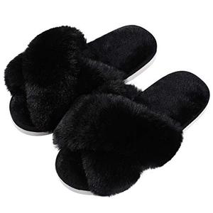lot 1376 image: Evshine Womens Fuzzy Slippers Cross Band Memory Foam House Slippers Open Toe, Black, Size 8.5-9.5 Retail $15.38