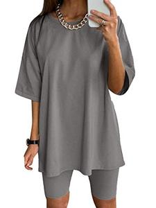 lot 1384 image: Glamaker Women 2 Piece Outfit sets Casual Oversized T-Shirt Tops Biker Shorts Workout Sport s Tracksuit (Large, Grey) Retail $23.65