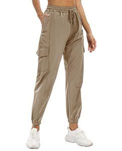 lot 1388 image: siliteelon Womens Hiking Pants Quick Dry Lightweight Joggers Pant for All Seasons Water Resistant Elastic Waist Khaki Medium Retail $17.51
