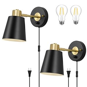 lot 24053 image: VATONI Wall Sconce Plug in, Dimmable Wall Sconces Adjustable Wall Lights with Plug in Cord and Dimmer OnOff Rotary Switch, Wall Mounted Light for Bedside Bedroom LivingRoom(2 Bulbs Included)