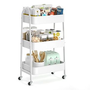 lot 24075 image: 3 Tier Utility Rolling Cart, EAGMAK Metal Storage Cart with Handle and Lockable Wheels, Multifunctional Storage Organizer Trolley with Mesh Baskets for Kitchen, Living Room, Office, Garage (White)
