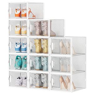 lot 24076 image: Shoe Storage, 12 Pack Large Shoe Organizer for Closet, Shoe Boxes Clear Plastic Stackable Shoe Storage Boxes for Size 13