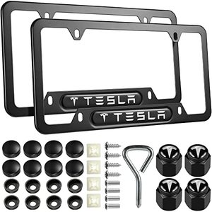 lot 24079 image: 2PCS License Plate Frames for Tesla, Black Car License Plate Bracket Holder, Premium Aluminum Alloy Weather Proof License Plate Covers with Screw Caps Cover Set Car Accessories