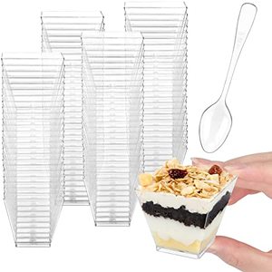 lot 24089 image: Colovis Mini Dessert Cups, 100 CT 2oz Clear Plastic Parfait Appetizer Cups with Spoons Mini Square Dessert Bowls for Serving, Tasting (100)