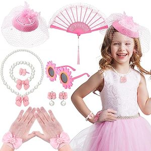lot 24100 image: Jenaai 8 Pcs Girls Tea Party Supplies Kids Tea Party Gloves Fascinators Hats Necklace Earrings Ring Bracelet Glasses(Pink, Vivid)