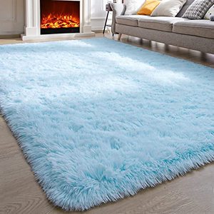 lot 24112 image: Comeet Rugs for Bedroom, Anti-Skid Plush Fluffy Furry Fur Rugs, Indoor Floor Living Room Carpet for Kids Girls Boys Teen Nursery Home Decor Aesthetic, Nursery, 3 x 5 Feet Light Blue