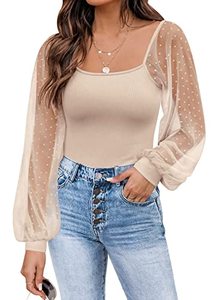 lot 24124 image: DOROSE Womens Blouse Lantern Sleeve Swiss Dot Business Casual Tops Shirts Cream XL