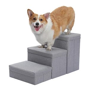 lot 24132 image: PETEPELA Dog Stairs, Portable 3 Stairs Dog Step for Small Dogs with Storage, Foldable Pet Stairs for Couch and High Bed Hold up to 50 LBS, Light Grey