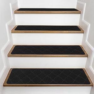 lot 24135 image: CrystalMX Stair Treads Non Slip Indoor Stair Runner for Wooden Steps, Anti Slip Carpet Safety Rugs for Kids Elders and Dogs with Self-Adhesive Bottom, 8 X 30 15Pcs Block Black