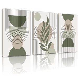lot 24142 image: SHENIFY Boho Wall Art Green Sage Boho Wall Decor Mid Century Modern Decor Minimalist Bohemian Bedroom Decor Abstract Geometry Canvas Prints Ready To Hang for Bedroom Living Room,12x16x3pcs(FRAMED)
