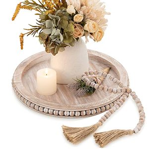 lot 24159 image: Decorative Coffee Table Serving Tray Hanobe Round Wooden Trays with Wood Beaded Garland Decor Set 12 Pinkish Whitewashed Farmhouse Rustic Centerpiece for Home Kitchen Living Room Ottoman Counter