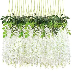 lot 24161 image: CEWOR 24pcs Wisteria Hanging Flowers 3.7 Ft Artificial Vine Fake Garland Silk String for Wedding Party Garden Outdoor Greenery Home Wall Decoration (White)