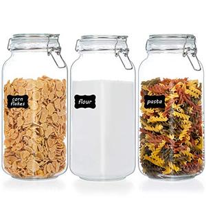 lot 24162 image: Vtopmart 78oz Glass Food Storage Jars with Airtight Clamp Lids, 3 Pack Large Kitchen Canisters for Flour, Cereal, Coffee, Pasta and Canning, Square Mason Jars with 8 Chalkboard Labels