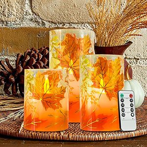 lot 24167 image: PETRISTRIKE Fall Flameless Candles, Autumn Maple Leaf Led Candles with Remote & Timer, Realistic Flickering Real Wax Candles for Harvest Festive, Thanksgiving Day, Party Decorations