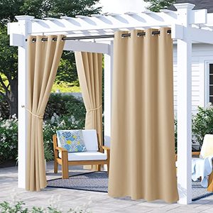 lot 24176 image: NICETOWN Outdoor Patio Curtains Waterproof Set of 2, Rustproof Stainless Steel Grommet Porch Decor Thermal Insulated for Outdoor Open-air FilmPool, Biscotti Beige, W52 x L72 Inch