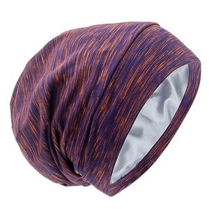 lot 24182 image: Silk Satin Lined Bonnet Sleep Cap - Adjustable Stay on All Night Hair Wrap Cover Slouchy Beanie for Curly Hair Protection for Women and Men - Mixed Purple