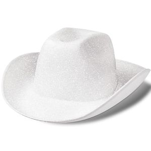 lot 24185 image: CowboyCowgirl Hat Glitter Western Hat Wide Brim for Costume, Bling Sun Hat for Women Men Beach Party (White)