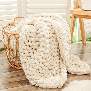 lot 24188 image: Bigacogo Chunky Knit Blanket Throw 40x60, 100% Hand Knitted Chenille Throw Blanket, Soft Thick Yarn Cable Knit Blanket, Cute Rope Knot Crochet Throw Blankets for Couch Bed Sofa (Beige)