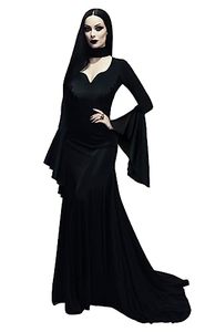 lot 24190 image: JPXH Morticia Addams Costume Women Adult Plus Size Spooky Long Black Addams Family Dress for Halloween