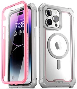 lot 24209 image: Poetic Guardian MagPro Case for iPhone 14 Pro Max 6.7 Inch,Compatible with MagSafe20 FT Mil-Grade Drop Tested Full-Body Shockproof Rugged Clear Cover with Built-in Screen Protector, PinkClear