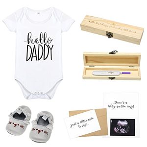 lot 24219 image: Surprise Pregnancy Announcements for Dad Pregnancy Test Keepsake Box Wooden Baby Announcement Box Hello Daddy Baby Bodysuit Baby Shoes Pregnancy Reveal Card Envelope Baby Gift Sets for Husband Partner