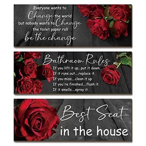 lot 24224 image: Sintuff 3 Pieces Everyone Wants to Change the World Bathroom Signs Funny Bathroom Wall Art Be The Change Bathroom Rules Wall Pediments Red Rose Floral Wooden Hanging Decor