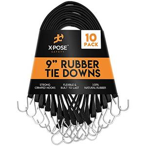lot 24241 image: Rubber Bungee Cords with Hooks 10 Pack 9 Inch (14� Max Stretch) Heavy-Duty Black Tie Down Straps for Outdoor, Tarp Covers, Canvas Canopies, Motorcycle, and Cargo - by Xpose Safety