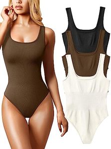 lot 24243 image: OQQ Womens 3 Piece Sexy Ribbed Sleeveless Square Neck Tank Top BodySuit, Black Coffee Beige, Large