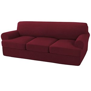 lot 24251 image: Turquoize 4 Pieces Sofa Covers T Cushion Sofa Slipcovers for 3 Cushion Couch Cover Stretch Sofa Slip Cover Furniture Covers with 3 Individual T Cushion Seat Covers, (3 Cushion Sofa, Burgundy)