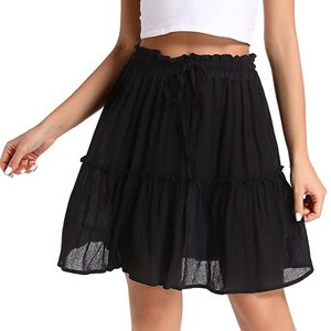 lot 24255 image: BSXIJIE Women�s Mini Skirt High Waist Ruffle Floral Print Skirt with Drawstring for Summer Beach Boho A Line Skater Skirt (Black X-Large)