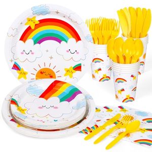 lot 24265 image: DECORLIFE Rainbow Party Supplies Serve Guests, Rainbow Birthday Decorations for Girls, Napkins, Tablecloth, Cups, Utensils Included,
