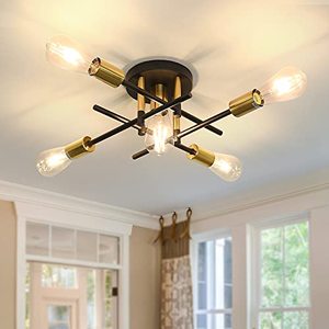 lot 24278 image: UOFUS 5 Light Semi Flush Mount Ceiling Light Fixture Matte with E26 Base Modern Black and Gold Chandelier Ceiling Lamp for Farmhouse Hallway Kitchen Dining Room Bedroom Study Living Room Bathroom