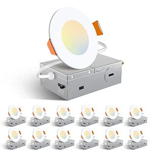 lot 24282 image: Amico 12 Pack 3 Inch 5CCT Ultra-Thin LED Recessed Ceiling Light with Junction Box, 2700K3000K3500K4000K5000K Selectable, 7W Eqv 60W, Dimmable Canless Wafer Downlight, 500LM High Brightness -ETL