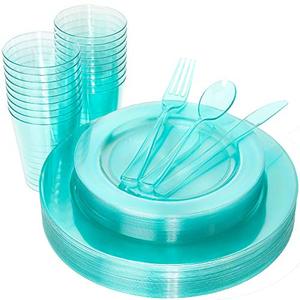 lot 24291 image: WDF 25 Guest Green Plastic Plates with Disposable Plastic Silverware&Green Cups-Neon Clear Plastic Dinnerware include 25 Dinner Plates,25 Salad Plates,25 Forks, 25 Knives, 25 Spoons,25 Plastic Cups