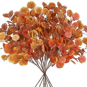 lot 24294 image: 8pcs Fall Artificial Eucalyptus Leaves Stems, 3 Colors Silk Silver Dollar Eucalyptus Branches, Fall Eucalyptus Leaves Greenery Stems Plants for Fall Floral Arrangement Thanksgiving Table Centre Decor
