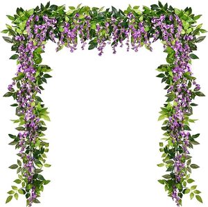lot 24299 image: 4Pcs 6.6Feet Artificial Flowers Silk Wisteria Garland Artificial Wisteria Vine Rattan Silk Hanging Flower for Home Garden Outdoor Ceremony Wedding Arch Floral Decor, Purplish Red