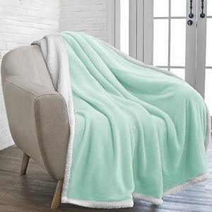 lot 24329 image: PAVILIA Plush Sherpa Fleece Throw Blanket Mint Green  Soft, Warm, Fuzzy Light Green Throw for Couch Sofa  Solid Reversible Cozy Microfiber Fluffy Blanket, 50x60