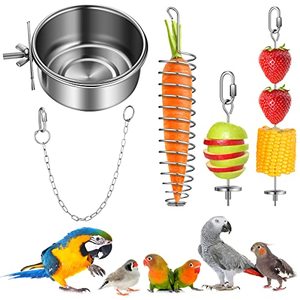 lot 24331 image: 5 Pcs Bird Food Holder Stainless Steel Bird Parrot Skewer Hanging Vegetable Fruit Holder Foraging Feeder Include 2 Small and Large Fruit Fork, 1 Food Basket, 1 Hanging Chain and 1 Feeding Dish Cup