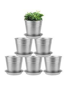 lot 24336 image: vensovo 4 Inch Silver Metal Plant Pots with Saucer-6 Pack Small Metal Galvanized Flower Pot with Drainage Hole,Planter Pots with Tray Perfect for Planting and Wedding Party Decor