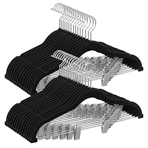 lot 24340 image: SONGMICS 30-Pack Pants Hangers, 16.7-Inch Long Velvet Trousers Hangers with Adjustable Clips, Heavy-Duty, Non-Slip, Space-Saving for Pants, Skirts, Coats, Dresses, Tank Tops, Black UCRF12B30