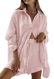 lot 24345 image: Fixmatti Women2 Piece Summer Outfits Long Sleeve Button Down Shirts and Shorts Set Casual Lounge Sweatsuits Pink M