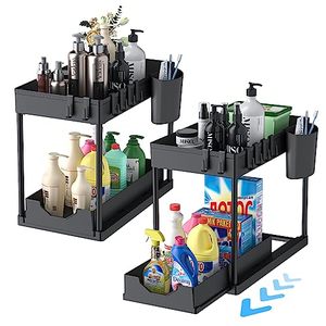 lot 24347 image: 2 Pack Under Sink Organizer, 2 Tier Under Bathroom Cabinet Organizer 6 Hooks 1 Cup, Pull Out Cabinet Basket Organizer for Under the Kitchen Bathroom Sink Organizers and Storage